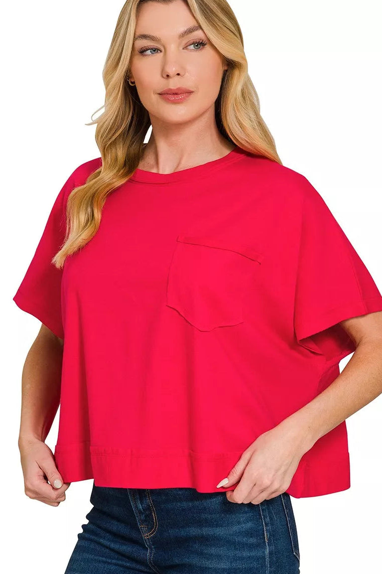 Zenana Exposed Seam Boxy Top in Ruby Red