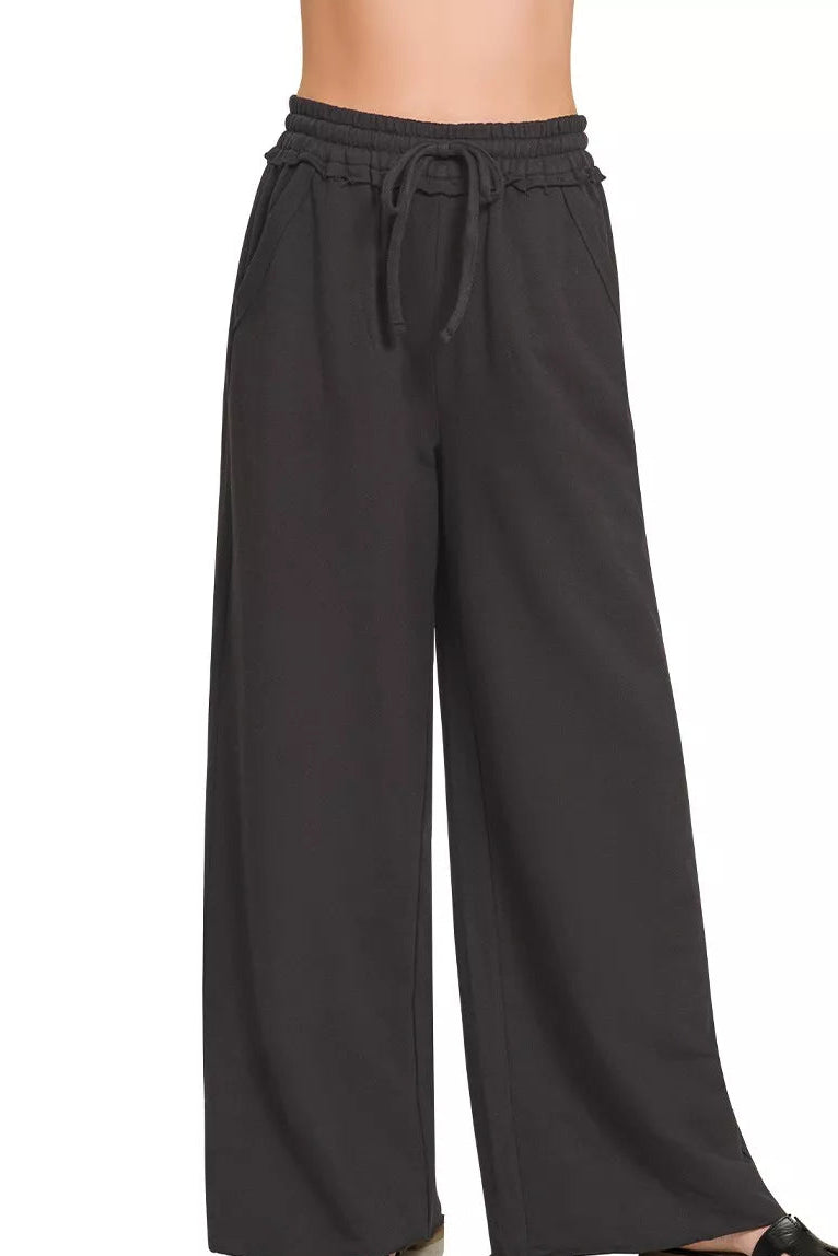 Zenana Exposed Seam Wide Leg French Terry Sweatpants in Black
