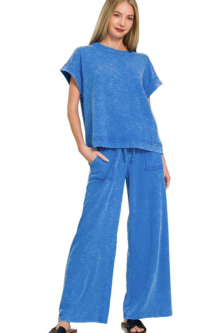Zenana Cotton Slub Short Sleeve Tee and Pants Set in Ocean Blue