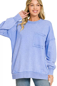 Zenana Acid Washed French Terry Pullover Sweatshirt in Cornflower Blue