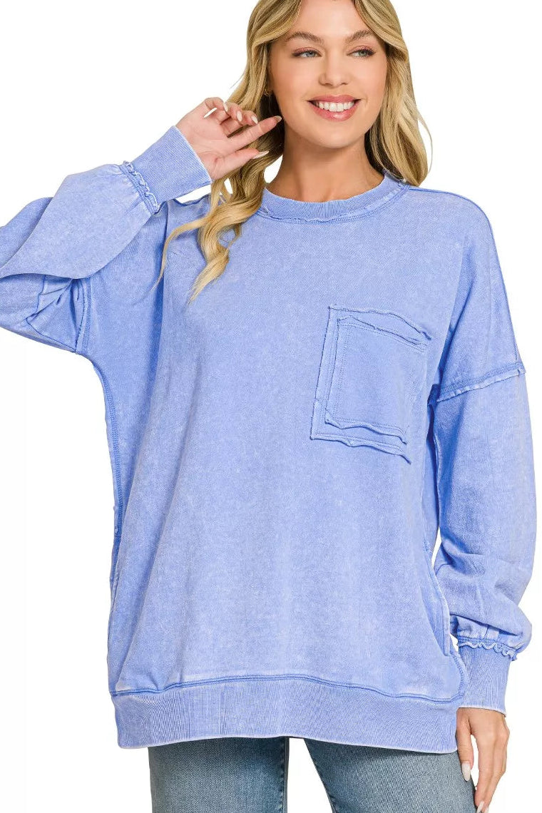Zenana Acid Washed French Terry Pullover Sweatshirt in Cornflower Blue