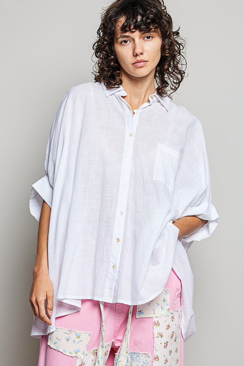 Off White Cotton Button Down Half Dolman Sleeve Shirt