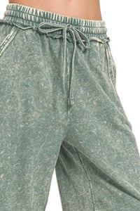 Acid Wash French Terry Wide Leg Palazzo Sweatpants in Ash Jade
