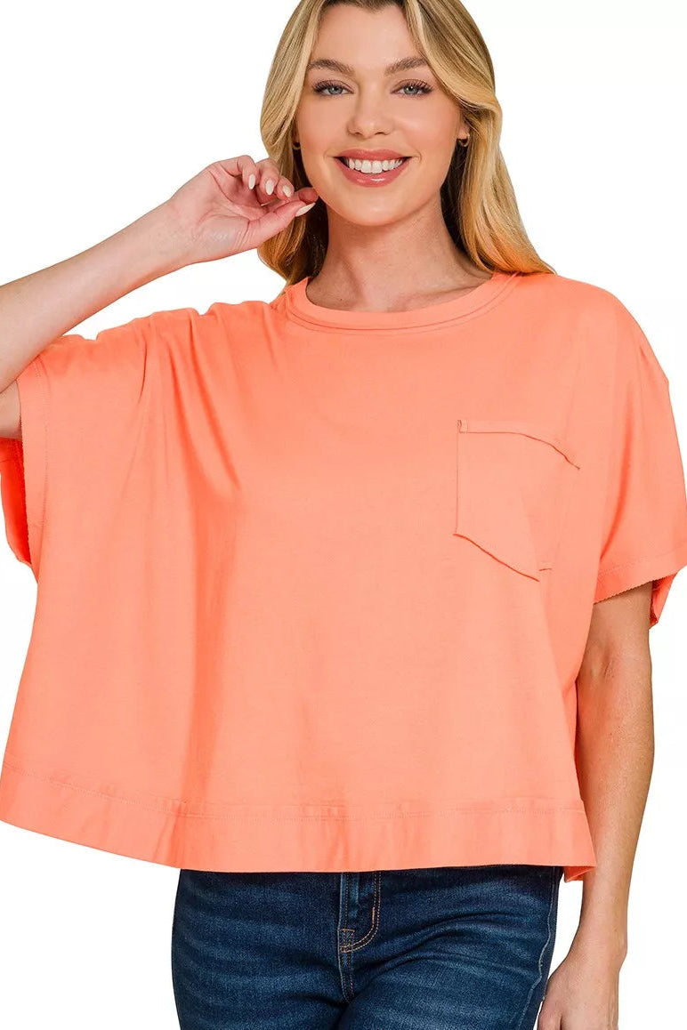 Zenana Exposed Seam Boxy Top in Coral