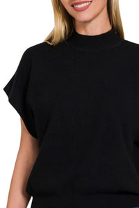 Zenana Mock Neck Short Dolman Sleeve Sweater in Black