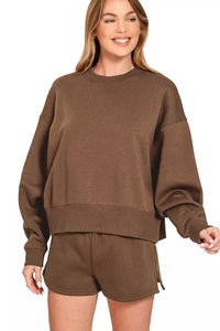 Zenana Fleece Round Neck Pullover Sweatshirt and Shorts Set in Brown