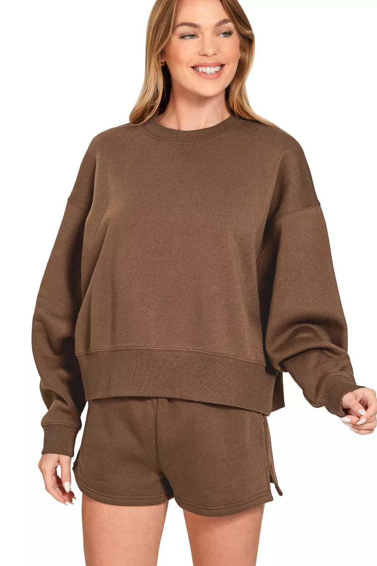 Zenana Fleece Round Neck Pullover Sweatshirt and Shorts Set in Brown