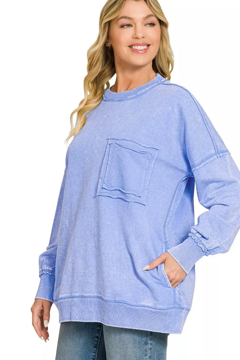 Zenana Acid Washed French Terry Pullover Sweatshirt in Cornflower Blue
