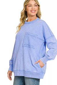 Zenana Acid Washed French Terry Pullover Sweatshirt in Cornflower Blue