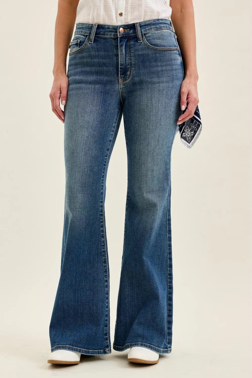 Judy Blue Mid Rise Jaqueline Flare Jeans with Embroidered Back Pockets 