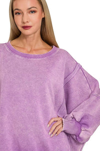Zenana Acid Washed Batwing Sleeve Fleece Sweatshirt in Violet