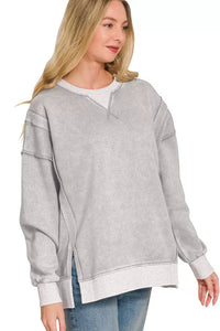 Fleece Acid Washed Contrast Trim Pullover Sweatshirt in Sleet Gray