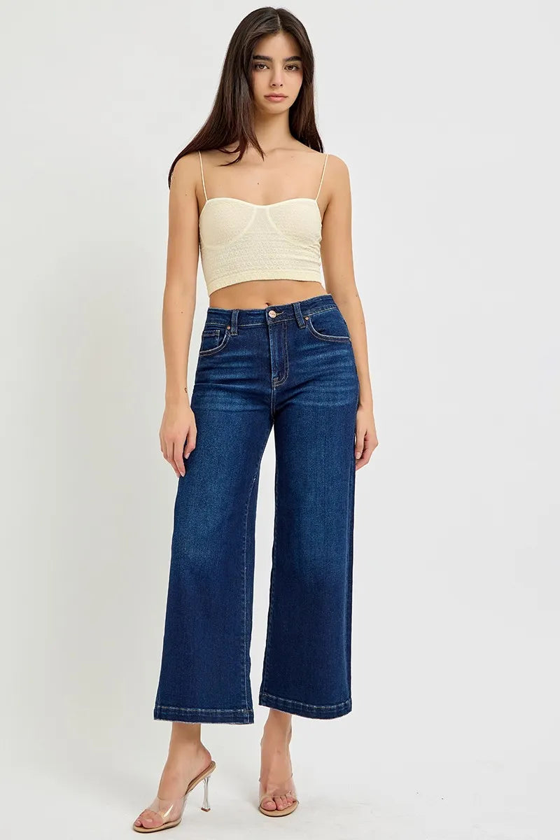 Risen High Rise Dark Wash Crop Wide Leg Jeans