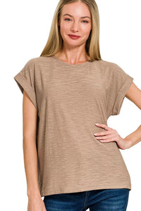 Zenana Slub Knit Cuffed Sleeve Tee in Ash Mocha