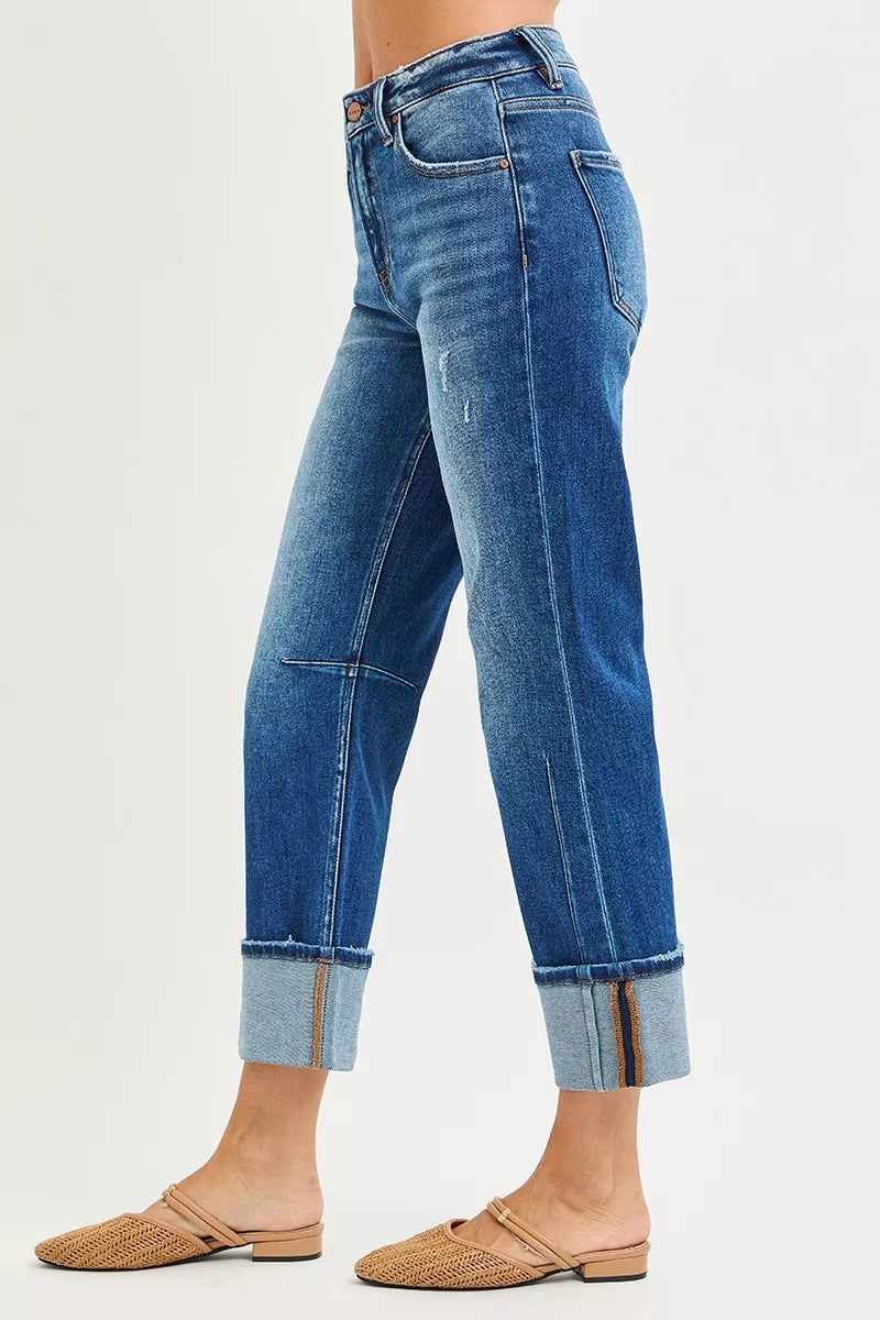 Risen High Rise Straight Cuffed Seam Detail Jeans 