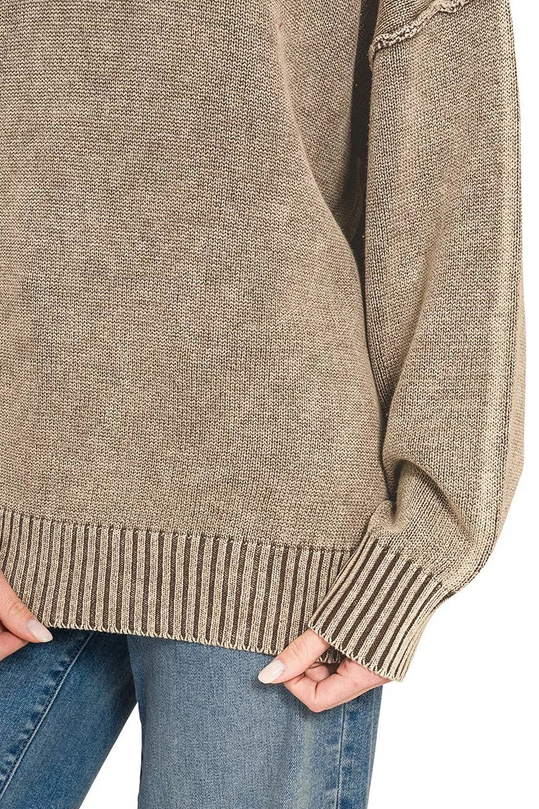Zenana Washed V-Neck Oversized Sweater - Brown