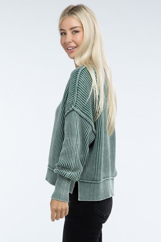 Ribbed Exposed Seam Round Neck Dropped Shoulder Sweater