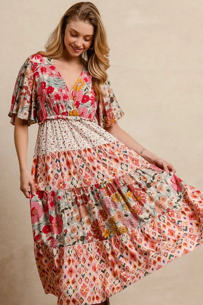 Bibi Floral Print Mix Midi Dress