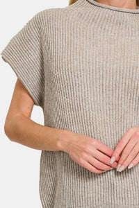 Zenana Heather Mocha Short Sleeve Mock Neck Sweater