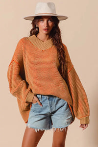 So Me Oversized Two Tone Textured V-Neck Sweater