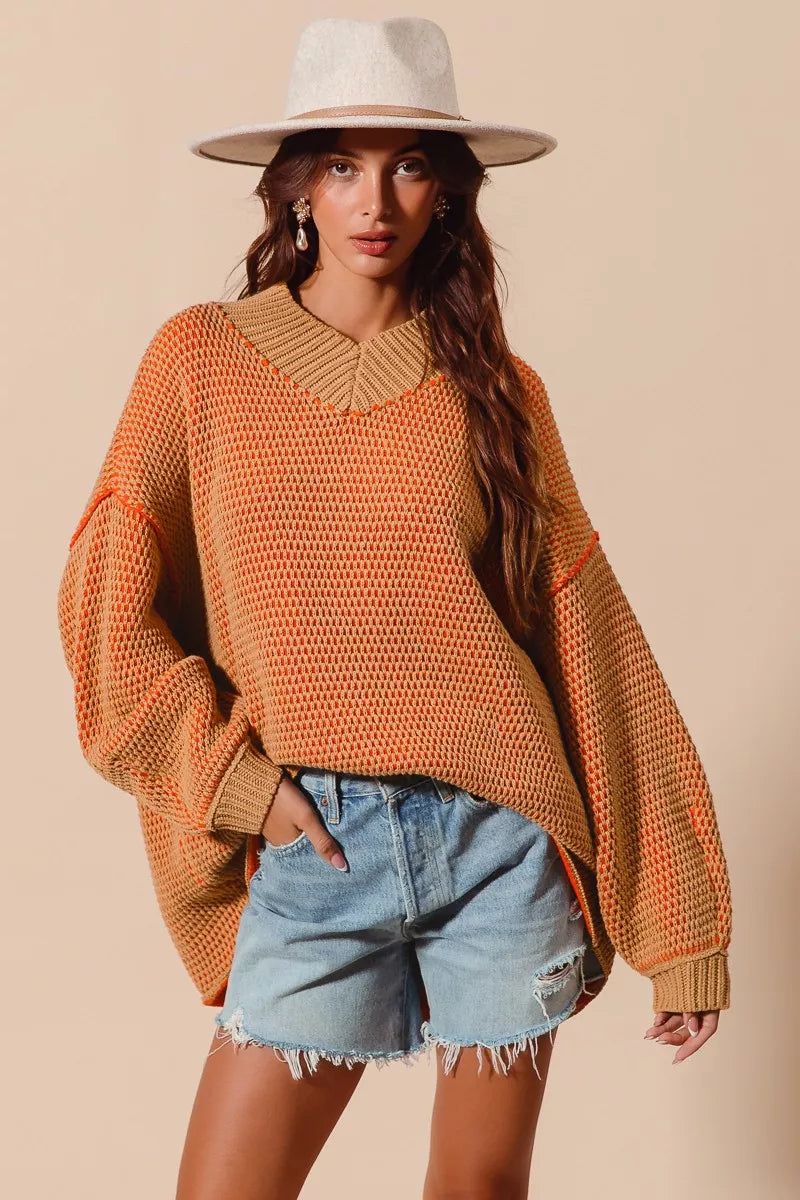 So Me Oversized Two Tone Textured V-Neck Sweater