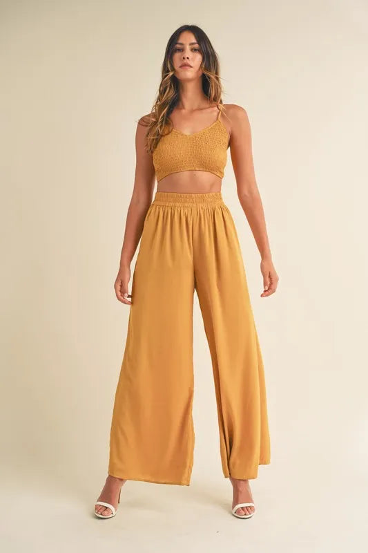 Mable Smocked Bralette Crop Top and Wide Leg Pants Set in Gold Mustard