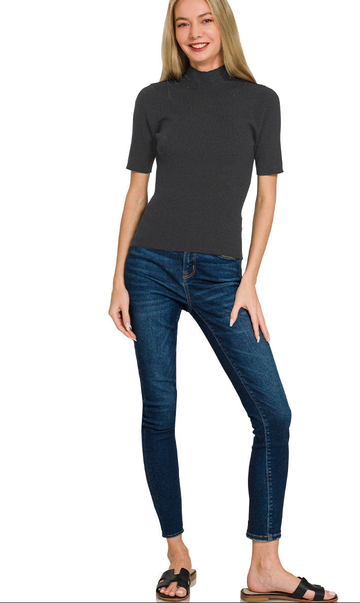 Zenana Viscose Ribbed Mock Neck Sweater Knit Top in Black