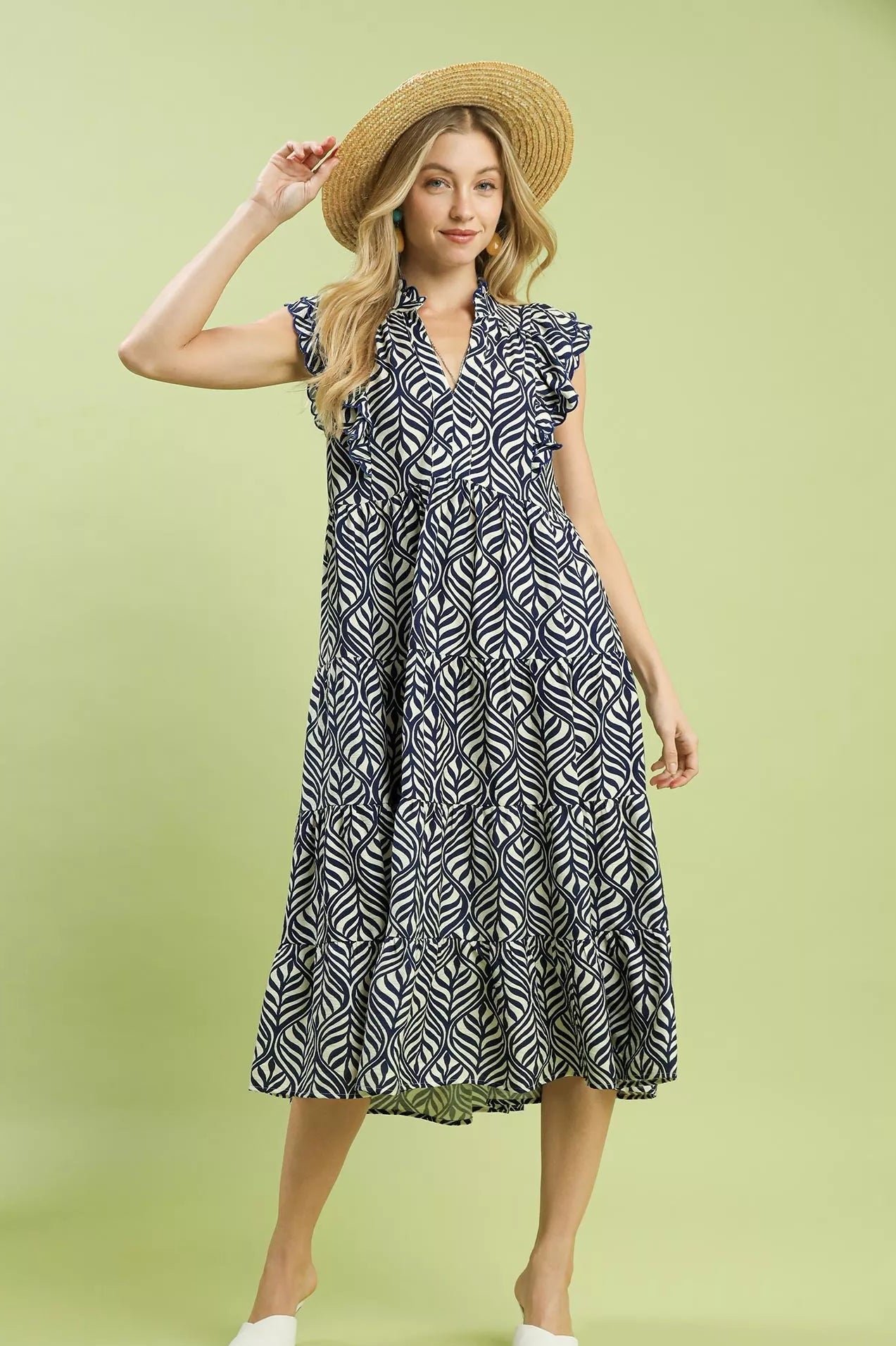 Umgee Leaf Print Tiered Midi Dress with Ruffle Detail in Navy