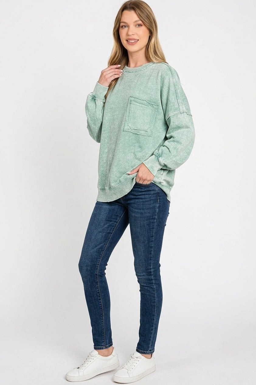 Zenana Halo Washed French Terry Pullover Sweatshirt in Green