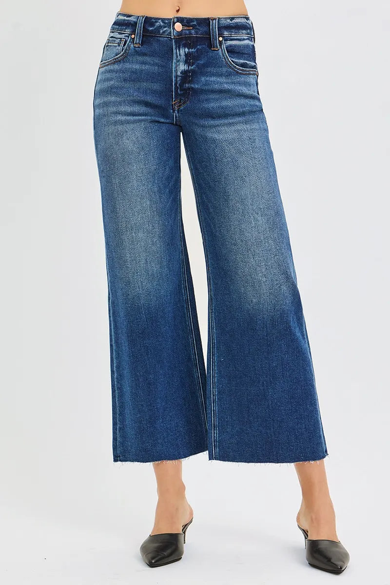 Risen Mid Rise Crop Wide Leg Raw Hem Jeans