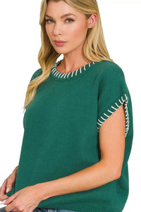 Zenana Contrast Stitch Detailed Sweater Knit Top in Hunter Green