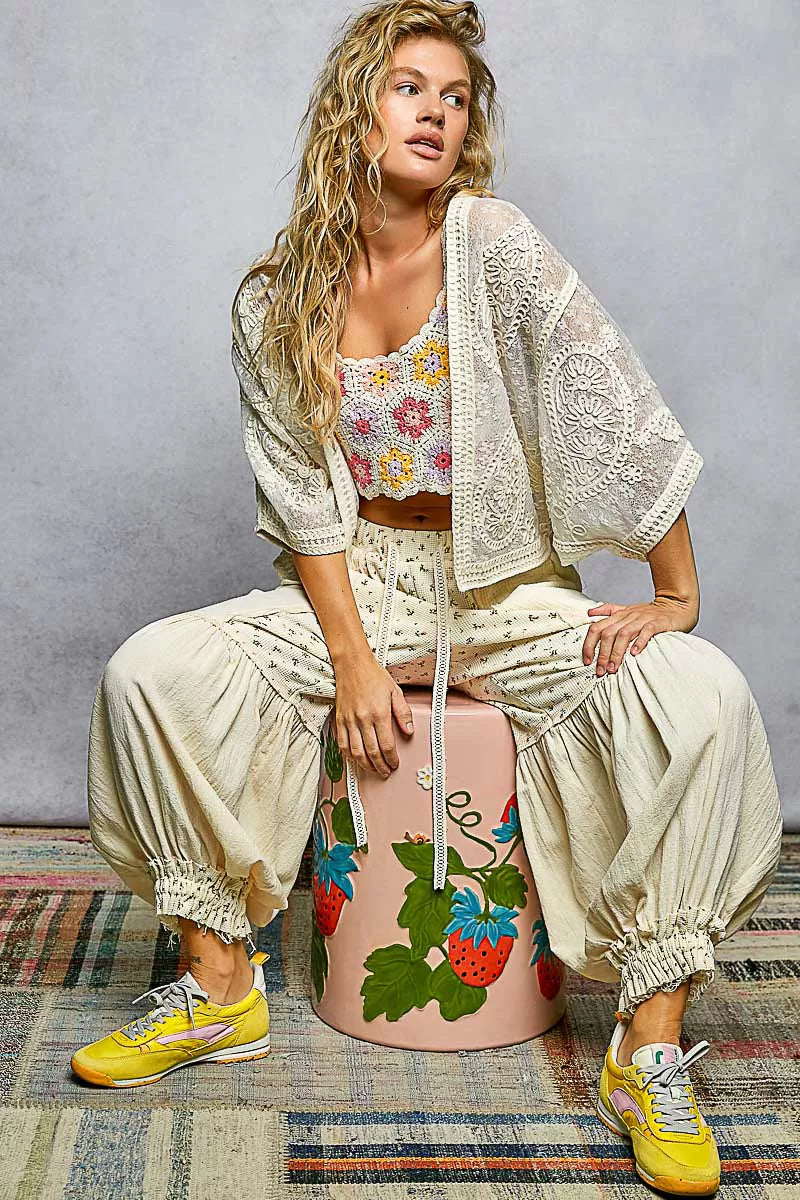 POL Open Front Crochet Cardigan with Floral Embroidery