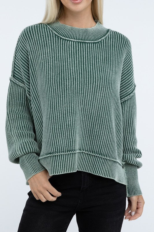 Ribbed Exposed Seam Round Neck Dropped Shoulder Sweater