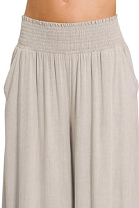 Zenana Smocked Waistband Wide Leg Pants in Sand Beige