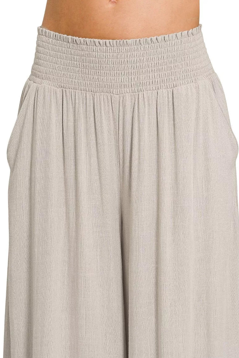 Zenana Smocked Waistband Wide Leg Pants in Sand Beige