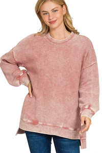 Acid Washed Double Ribbed Hi-Low Pullover Sweatshirt in Winter Rose