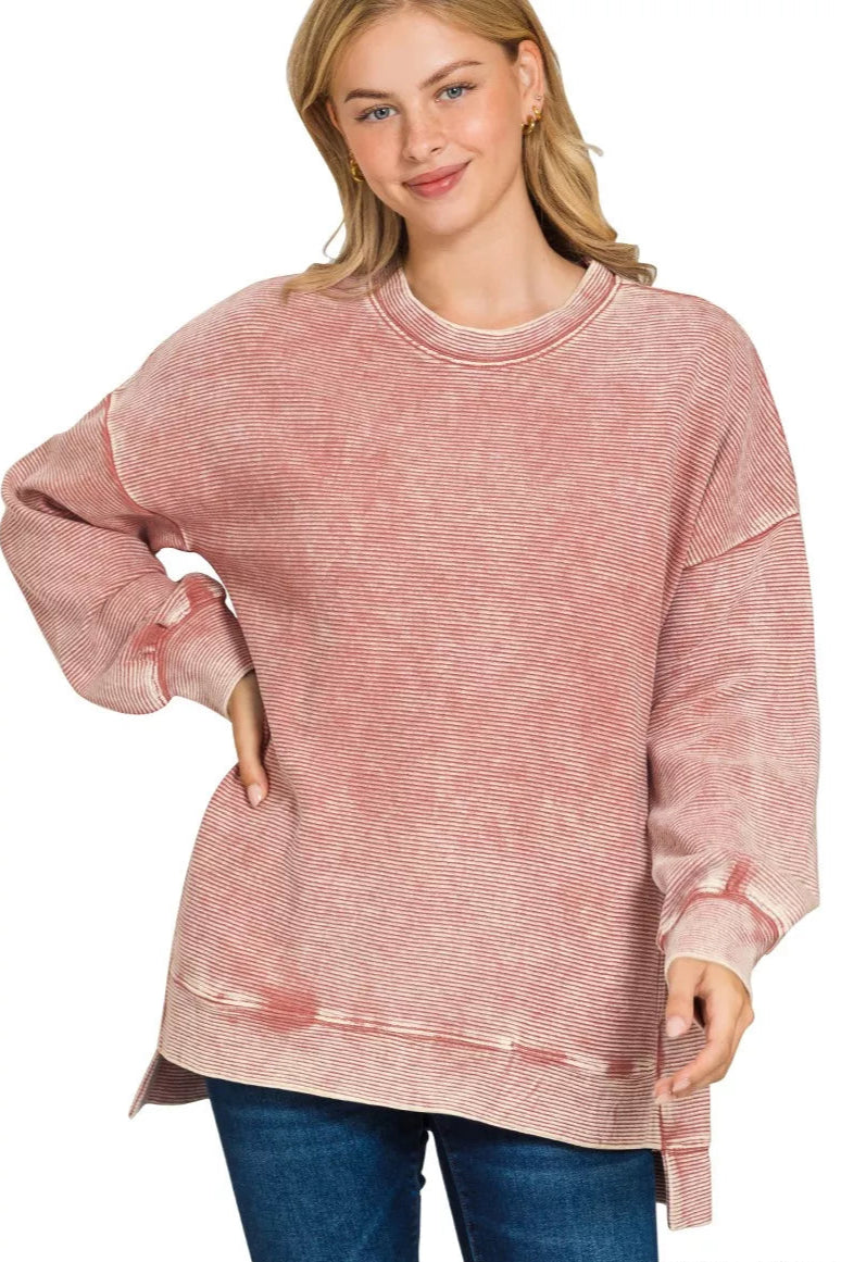 Acid Washed Double Ribbed Hi-Low Pullover Sweatshirt in Winter Rose