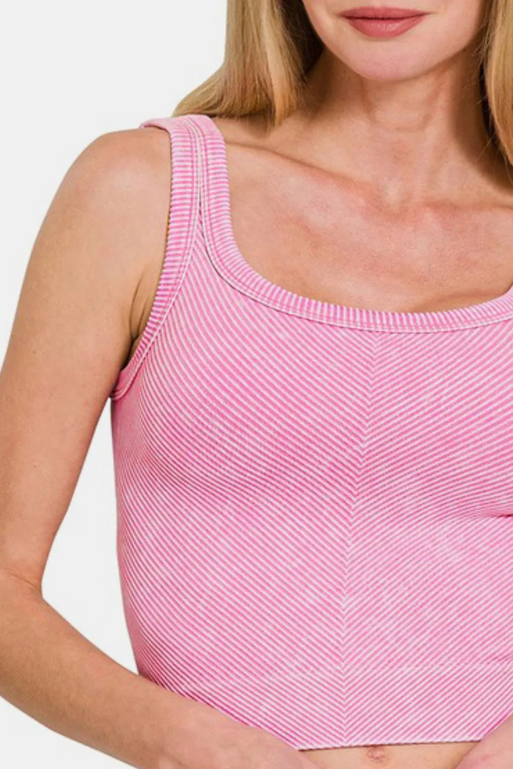 Zenana Washed Ribbed Scoop Neck Wide Strap Tank in Candy Pink