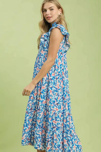 Umgee Leaf Print Midi Tiered Dress with Side Pockets