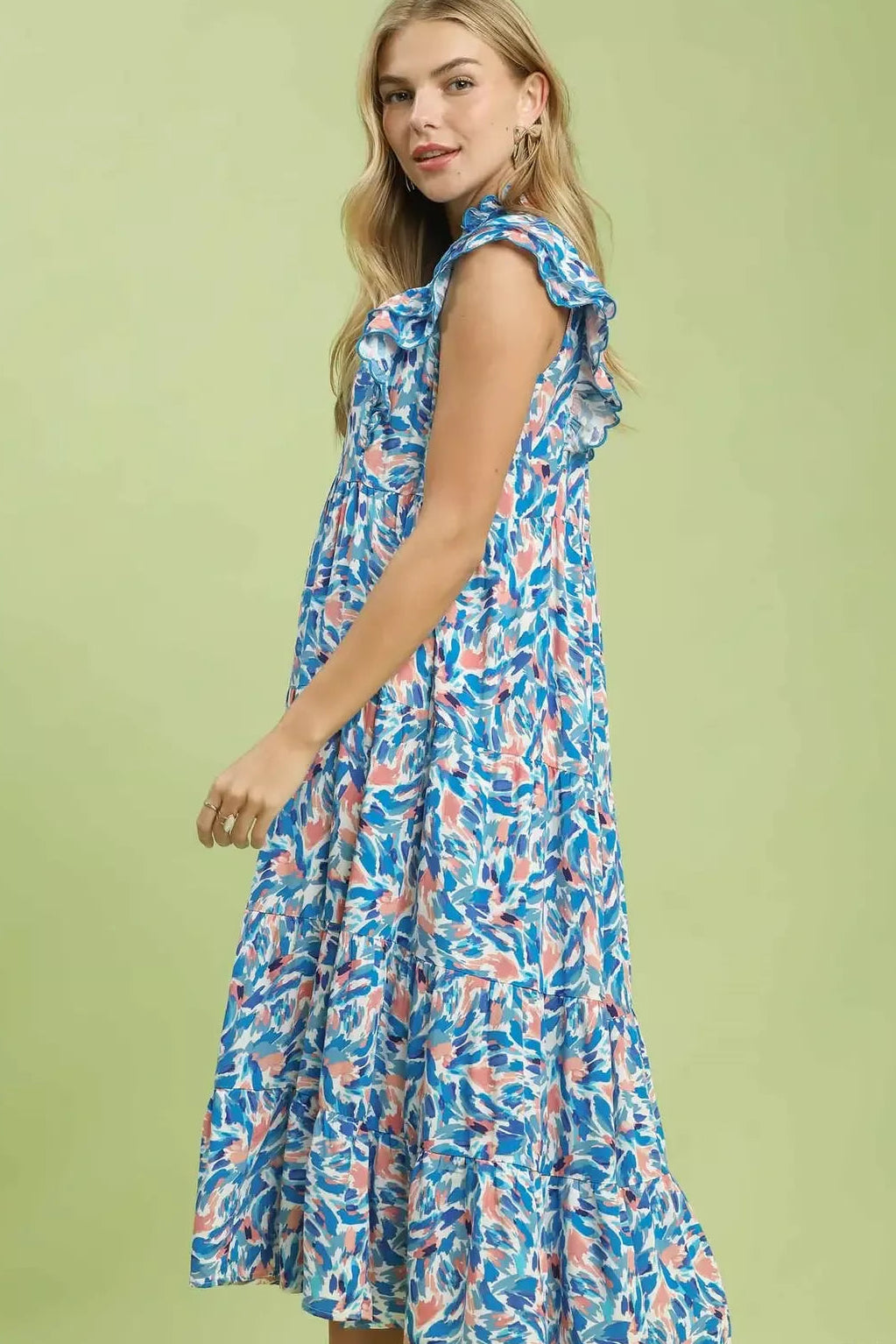 Umgee Leaf Print Midi Tiered Dress with Side Pockets