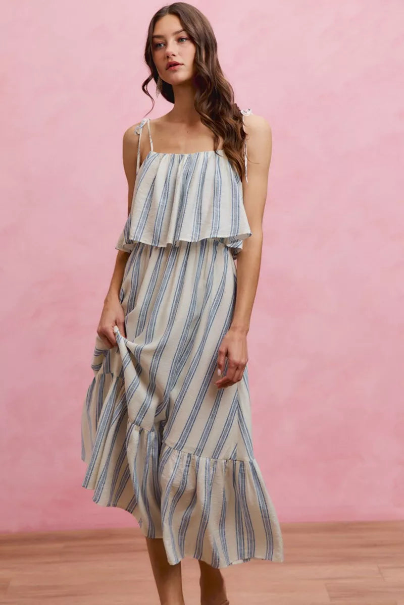 So Me Nautical Stripe Tiered Shoulder Tie Midi Dress