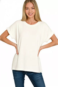 Soft Melange Hacci Short Sleeve Round Neck Top in Ivory