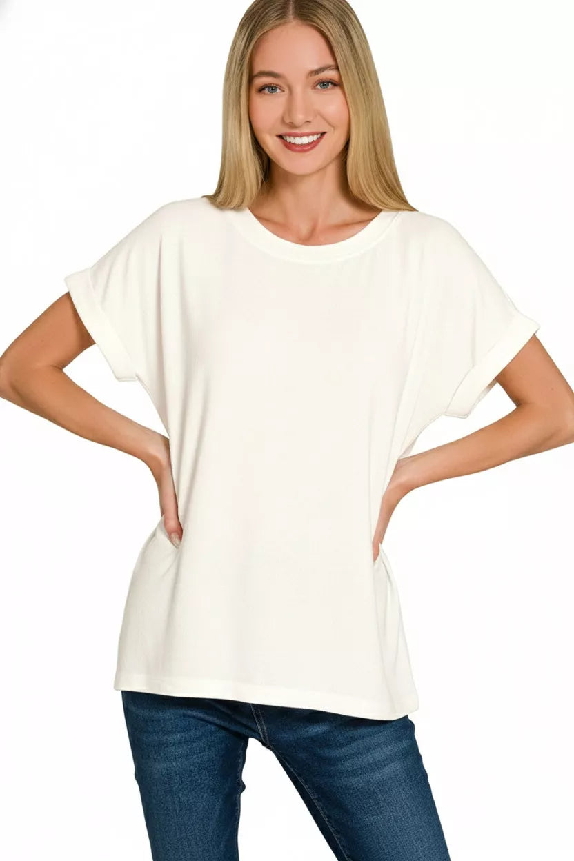 Soft Melange Hacci Short Sleeve Round Neck Top in Ivory