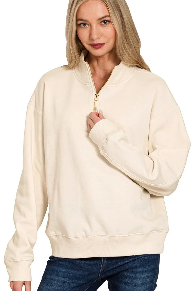 Zenana Quarter Zip Fleece Sweatshirt in Sand Beige