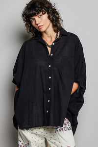 Black Cotton Button Down Half Dolman Sleeve Shirt