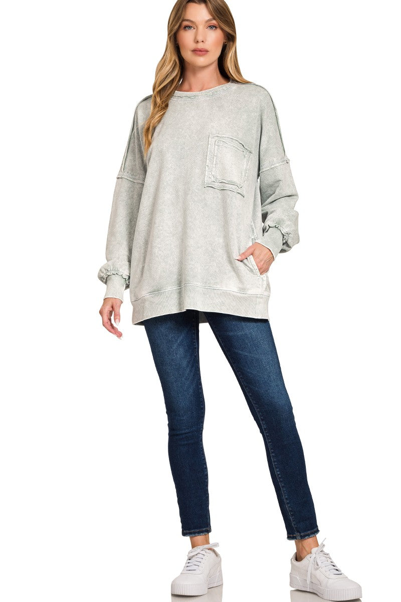 Zenana Halo Washed French Terry Pullover Sweatshirt in Light Grey