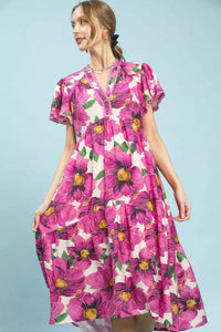 Umgee Pink Tropical Floral Flutter Sleeve Tiered Midi Dress