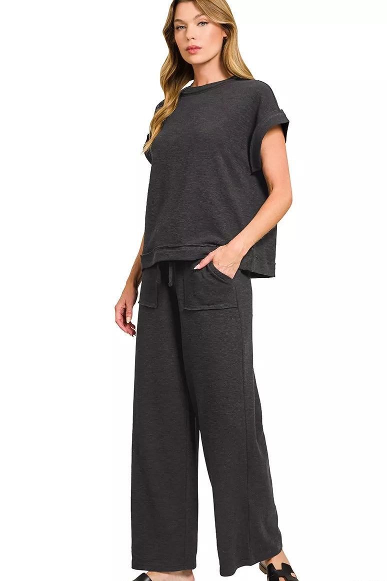 Cotton Slub Short Sleeve Tee and Pants Set in Black