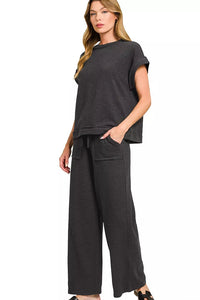 Cotton Slub Short Sleeve Tee and Pants Set in Black