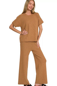 Sweater Knit Short Sleeve Top & Pants Set in Deep Camel